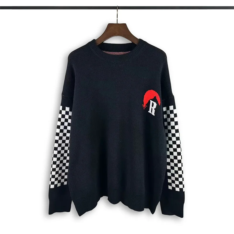 

RHUDE Sweater Plaid Sunset Logo Printed Round Neck 1:1 High Street Casual Black Sweater
