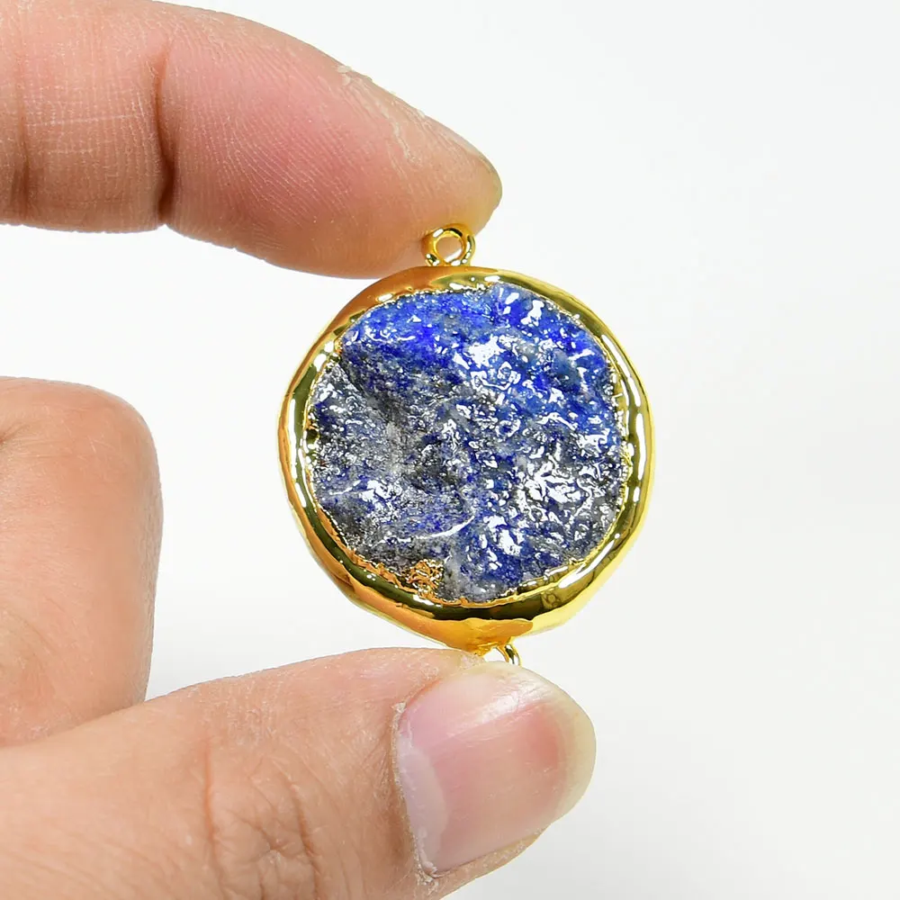 APDGG 5 Pcs Natural Big 29MM Blue Lapis Lazuli Rough Raw Coin 24K Gold Plated Bezel Sets Connector Pearl Necklace Pendant DIY