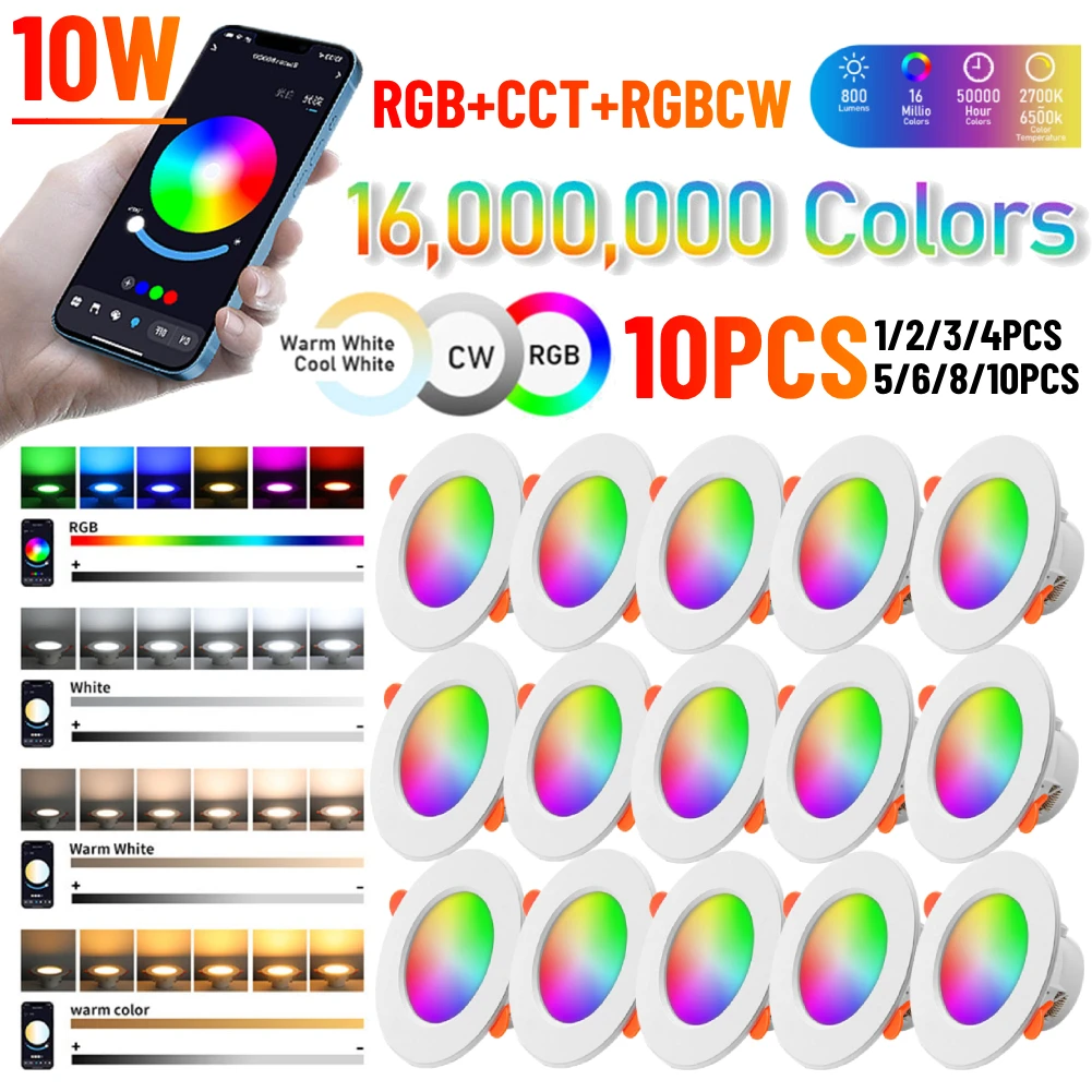 1-10pcs RGB LED Bulb Tuya Dimmable Downlight Spotlight Bluetooth-Compatible Lamp 10/15W APP Control GB+CW+WW Smart Lamp