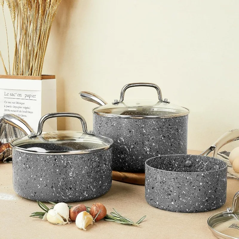 Non Stick Pan Set with Glass Lids Stew Pot 3Pcs Nonstick Cookware Set Frying Pan Saucepan Nonstick Pot Kitchen Utensil Cooking