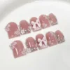 10pcs Handmade Short Coffin Press on Nails Sweet Pink Bow Flowers Design False Nails Wearable INS Nude French Fake Nail Tips