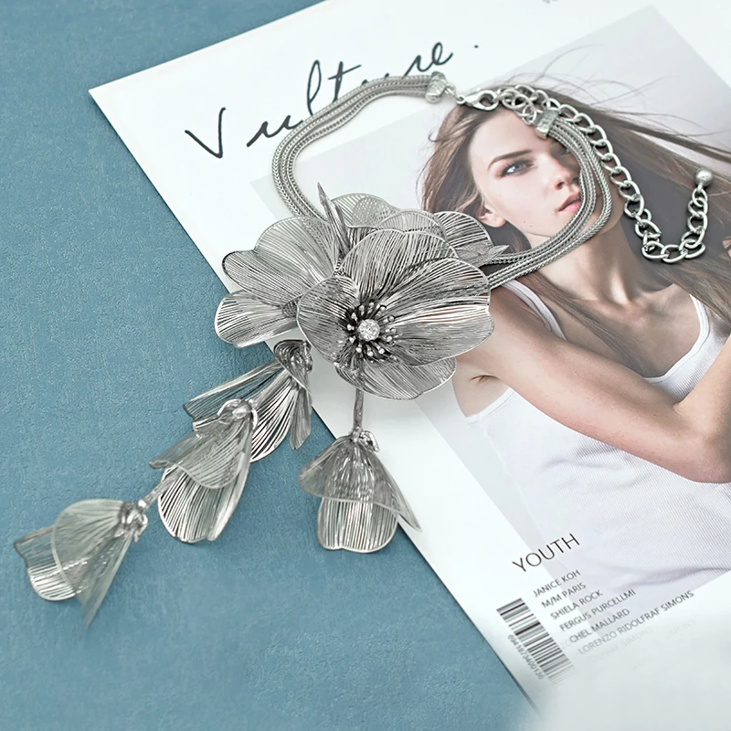 Handmade Copper Flower Necklace and Earrings Set for Women Accessories Femme Fashion Silver Color Jewelry Sets Party Gifts