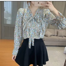 

Spring 2022 Womens Fashion Chiffon Shirt Women's Long Sleeve Ribbon Lotus Leaf Printed Bow Shirt Blouses or Tops for Woman