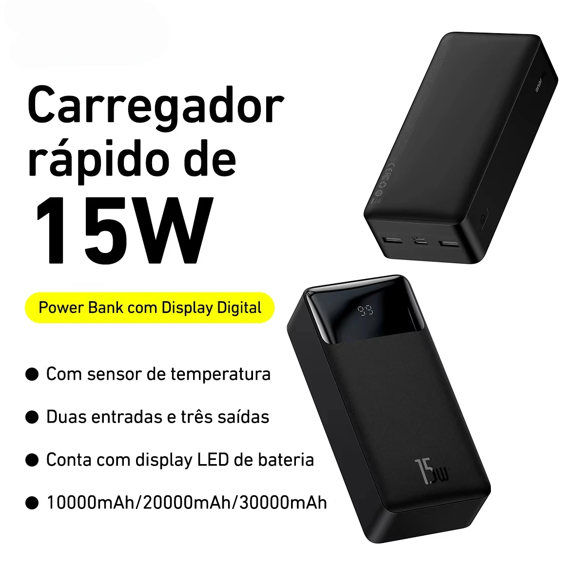Powerbank Baseus 30000mah 15w Display Digital Carga Rápida Carregador Portátil Recarregável USB Alta Resistencia - Imagem 2