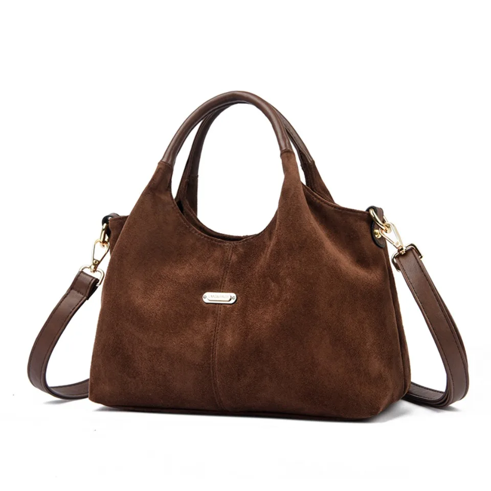 Faux Suede Handbags - Soft Casual Messenger Bag with Zipper Closure for Women