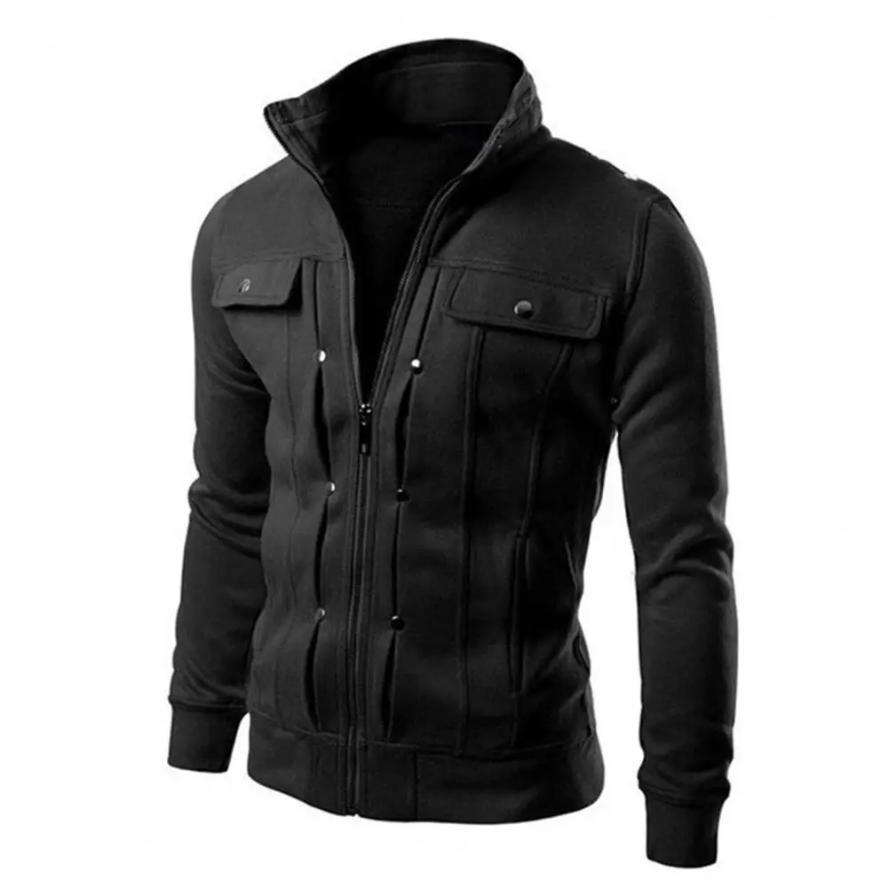 

Men Outerwear Stylish Men's Spring Autumn Jacket with Stand Collar Buttons Zipper Closure Solid Color Long Sleeve for Everyday