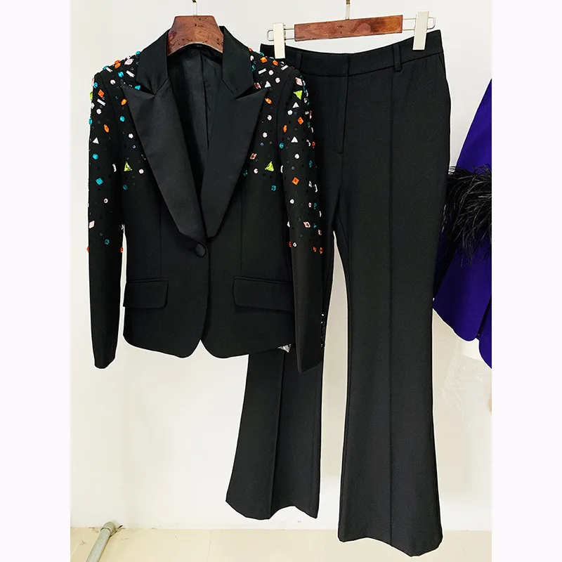 Women Slim Fit Blazer Micro Flared Two Pieces Pants Set