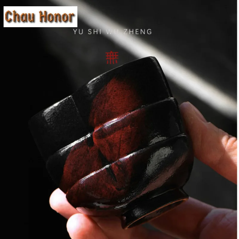 125ml Lacquered Red Coarse Pottery Petal Teacup Antique Tea Bowl Tea Pair Tea-tasting Meditation Cup Chazhan Master Cups Teaware