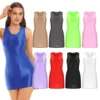 Women's Oil Glossy Stretch Tank Mini Dress Solid Color Sleeveless Tights Bodycon Short Dress Stretch U Neck Party Sundress 6
