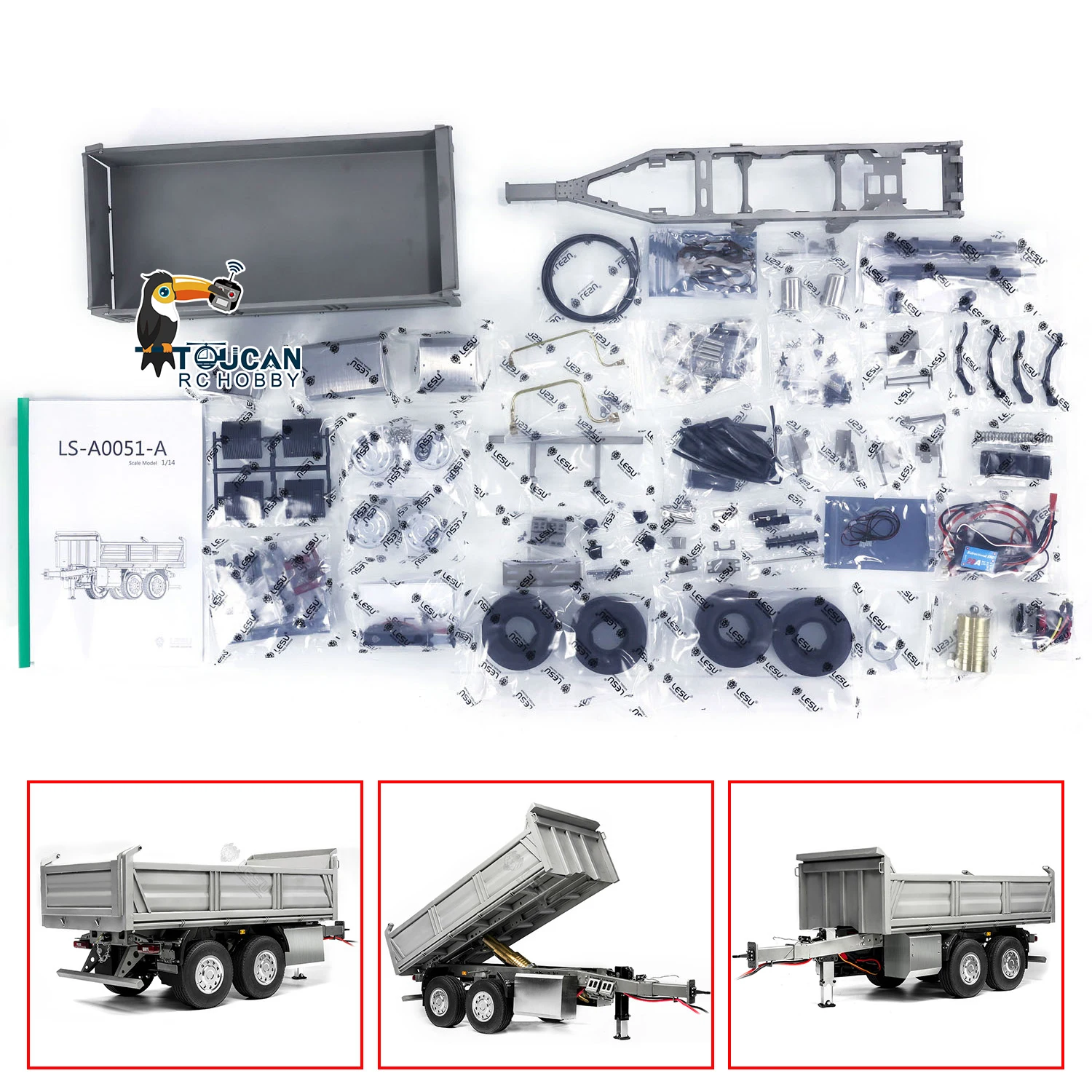 LESU 1/14 Self-dumping Full Trailer Metal 2 Axles Unpainted Trailers Model Parts For Remote Control Hydraulic Tractor Dump Truck 2