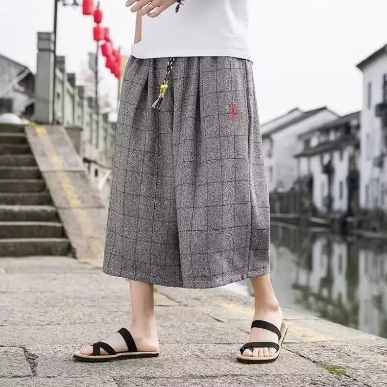 Xiaoyao plaid [light gray] cropped pants
