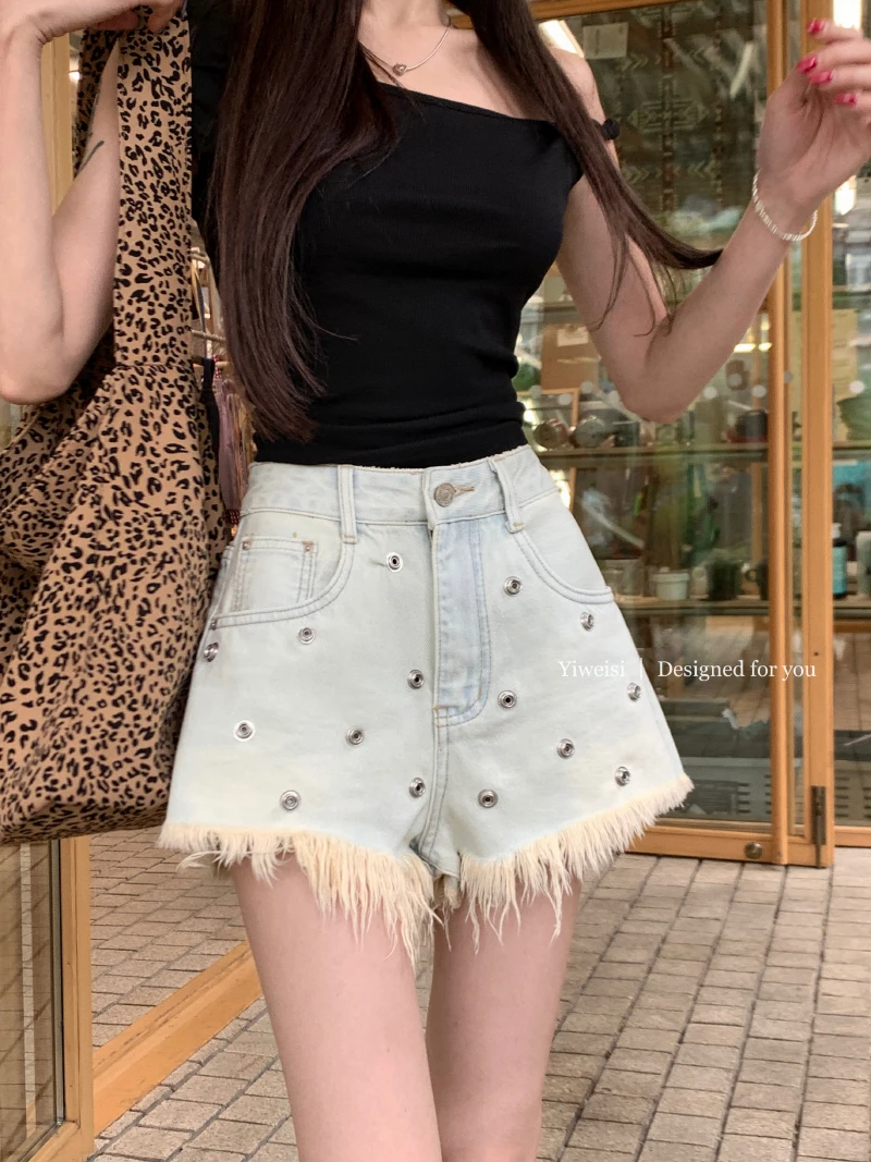 

Slergiri Y2k Vintage Rivet Tassel Jean Shorts Women Summer 2024 Streetwear High Waist Loose Washed Wide-leg Denim Shorts Female