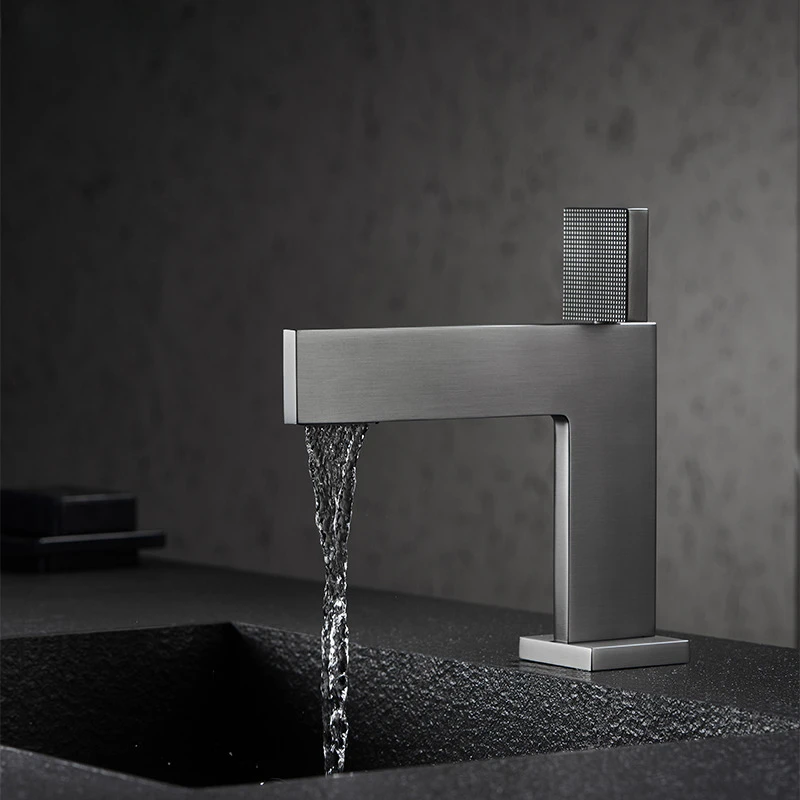 

Gunmetal Bathroom Faucet Frosted Gray Luxury Basin Mixer Hot and Cold Single Handle Basin Tap Sink Faucet Gold Square Crane