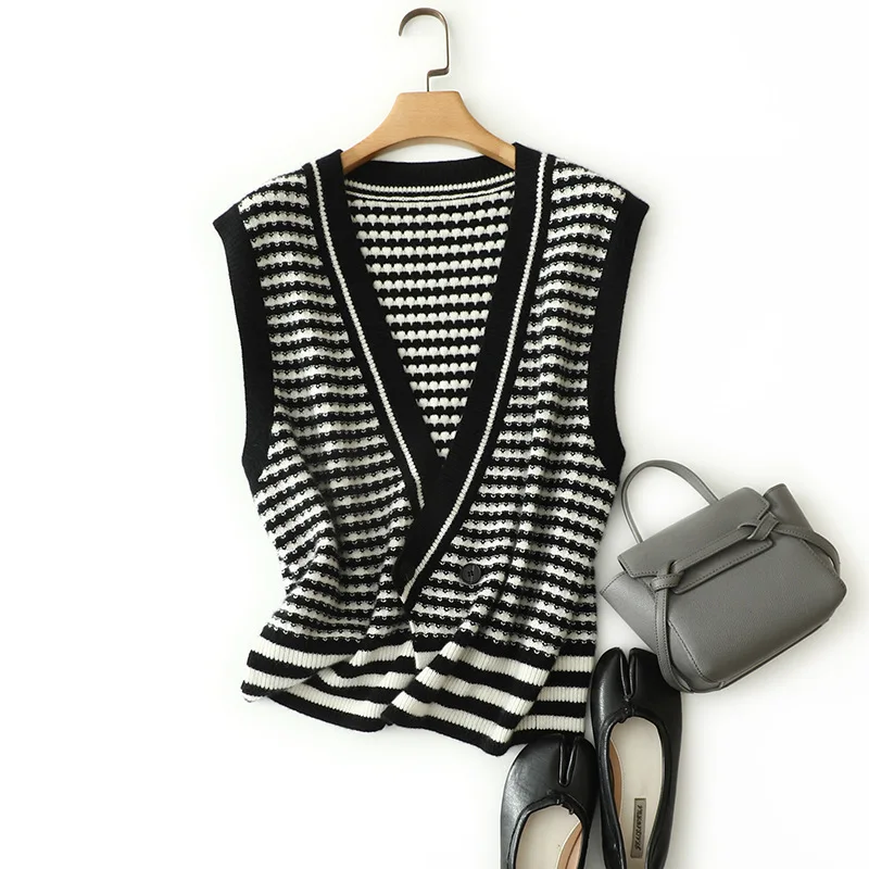 

autumn winter essential knitted warm 100% cashmere striped sweater vest