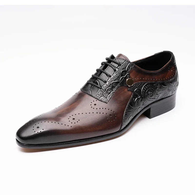 Mens Wedding Dress Brogue Genuine Leather Lace-up Latest Design Fashion Color Match Handmade Leather Man Pointed Dress Shoes