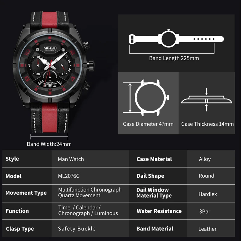 MEGIR New Sport Mens Watches Top Brand Luxury Leather Quartz Watch For Men Waterproof Military Wristwatch Relogio Masculino