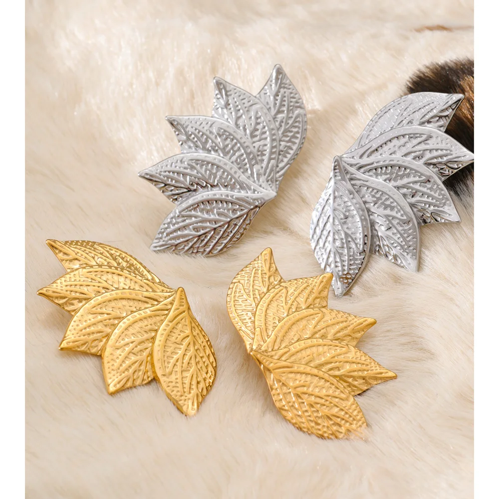 Yhpup Stainless Steel Metal Leaf Stud Earrings for Women