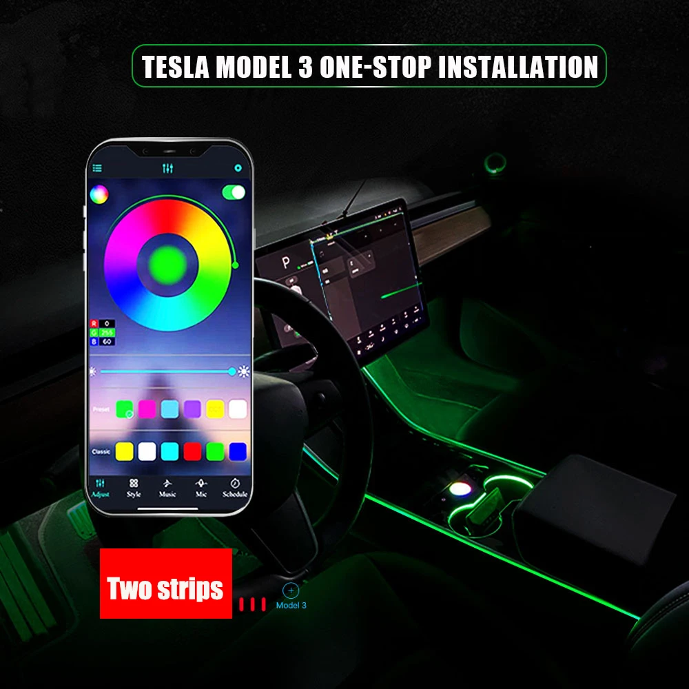 1 SET For Tesla Model 3 Y Interior Neon Lights With App ControlledModel 3/Y Accessories RGB Ambient Car Decor Strip |