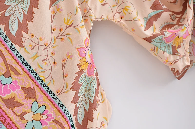 Boho Queens Vintage Floral Print Sashes Short Kimono Women V Neck Batwing Sleeves Ladies Beach Robe Cover-ups