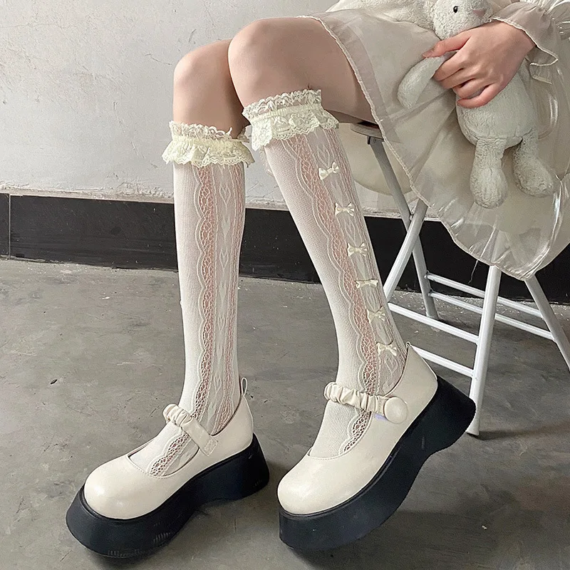 

Women's Socks Japanese Style Lace Lolita Summer Autumn Thin Comfortable Solid Color Bow Mid-tube Jk Sweet Lovely Sexy Calf Socks