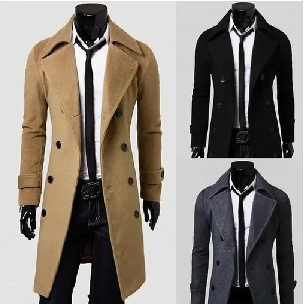 Fashionable Korean Men's Woolen Overcoat Medium-length Trench Double Row Buttons Ebay Fast Sale