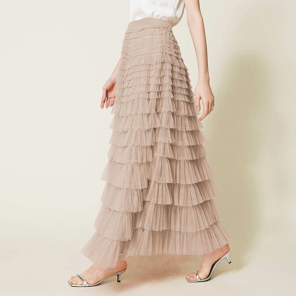 

Summer New Style Elegant Party Skirt Dress Women's High Waist Cascading Ruffle Splice Lace Long Dress Ruffle Mid-calf Skirts