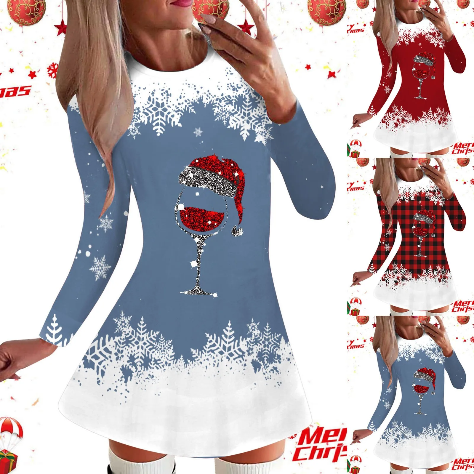 

Womens Dresses 2023 Spring Fashion Christmas Wine Glasses Print Casual O-Neck Long Sleeve Mini A Line Christmas Dress Clothes