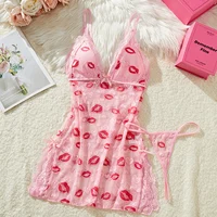 New Women's Lip Print Heart-shaped Printed See Through Pink Lace Backless Nightgown Babydolls Pajama Dress Set - Image 2