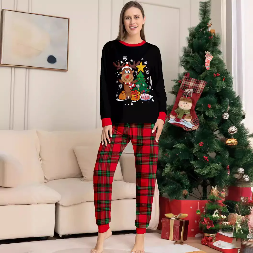 Autumn and winter cartoon elk letter Christmas tree printing family Christmas set For a family of four pajamas pants 2 pieces matching outfit matching pajamas matching sleepwear
