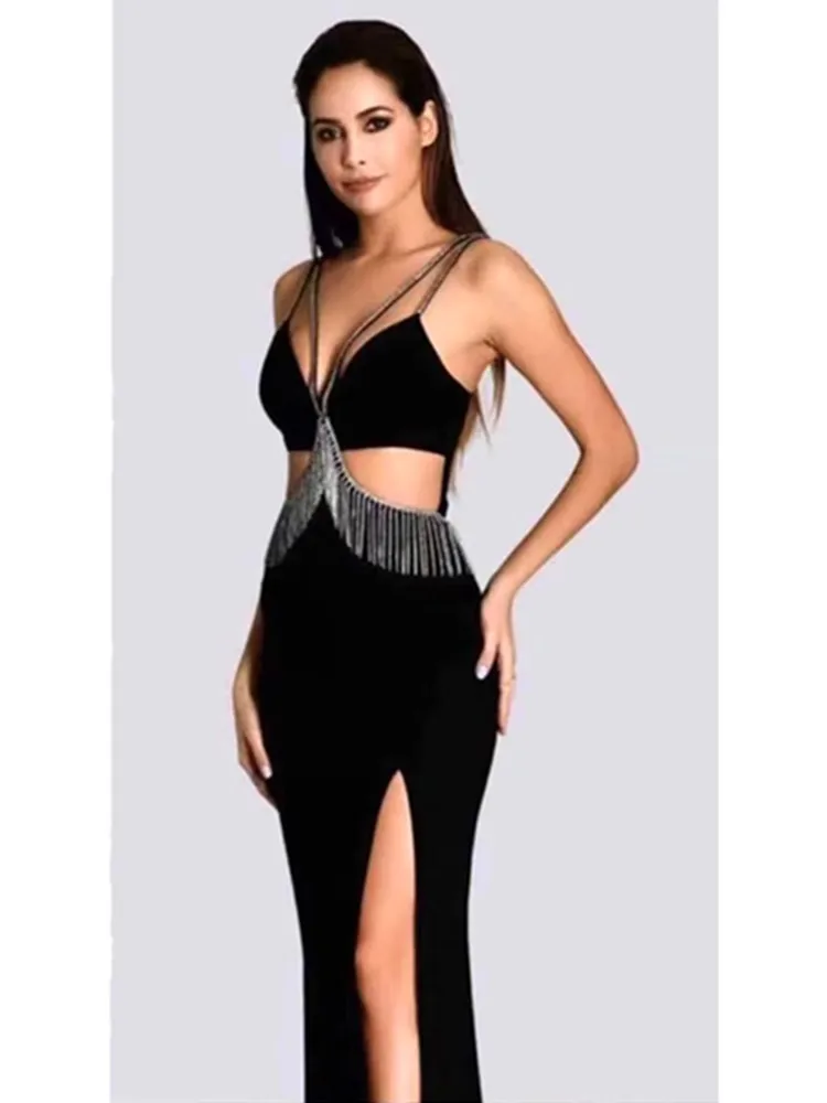 

High Quality Shining Diamonds Tassel Sexy Hollow Out High Split Spaghetti Strap Black Long Dress Woman Fashion Party Vestido