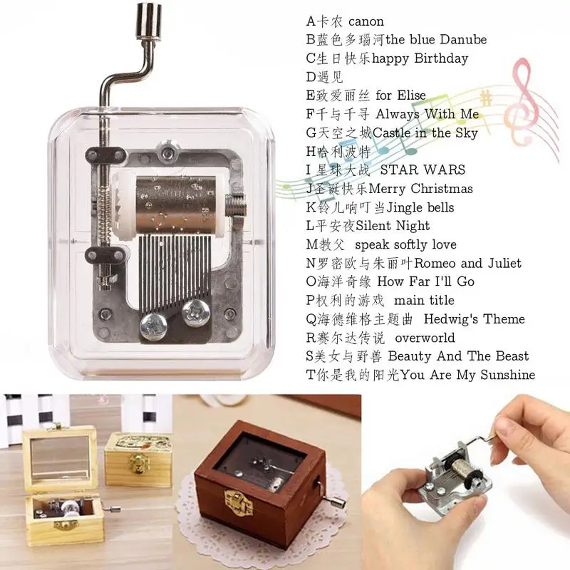 NEWEST 24 Songs Mini Music Box Hand Cranking Music Movement Transparent DIY Box Collectibles for Cute Christmas Gift