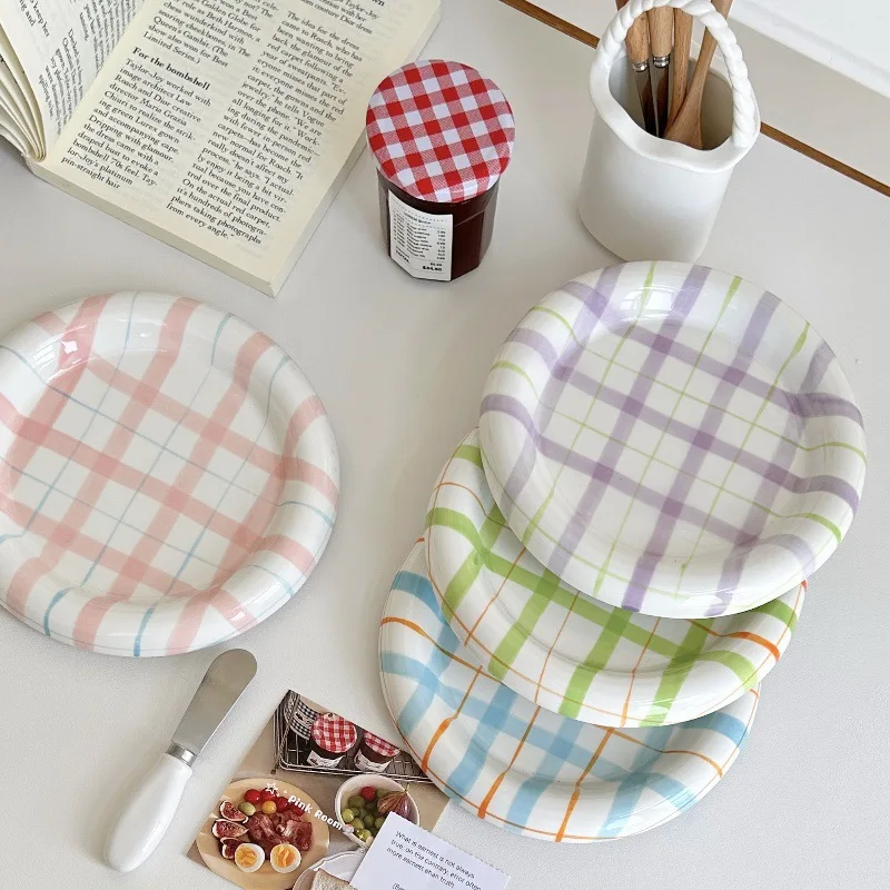 Ceramic Arts Ins Wind Sand Pull Plate Girl Heart Color Lattice Dim Sum Breakfast Dessert Plate Western Food Fruit