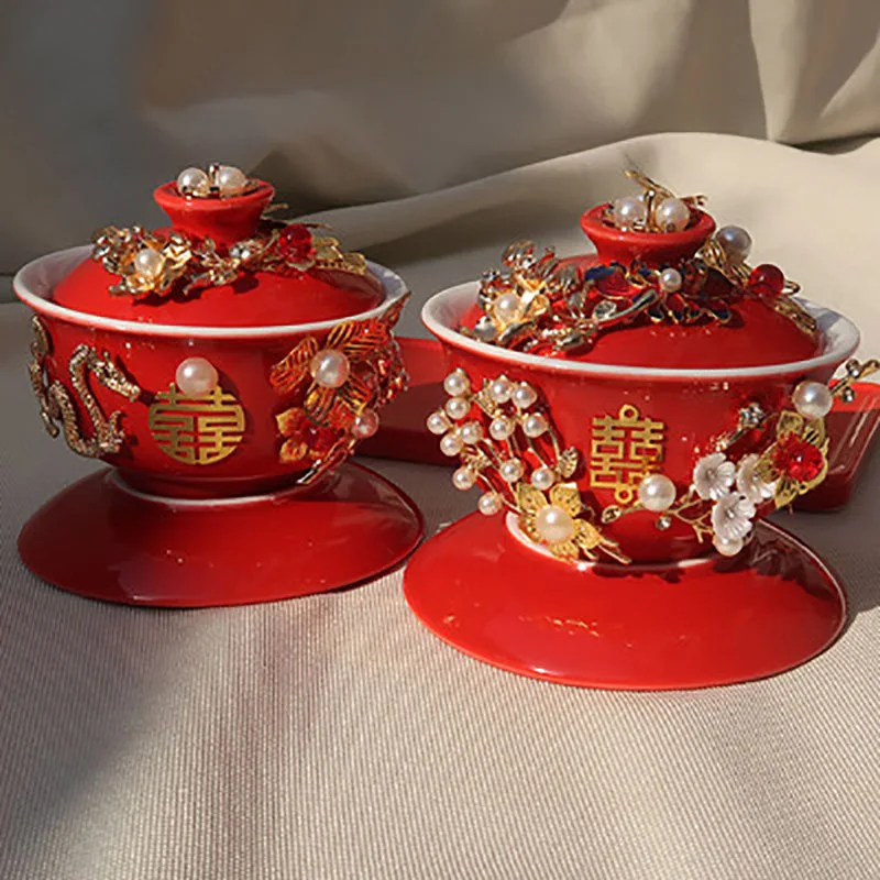 Double Happiness Tea Cover Bowl with Lid, Traditional Red Ceramics, Teacup Gaiwan, Home Teaware, Drinkware, 1 Pair