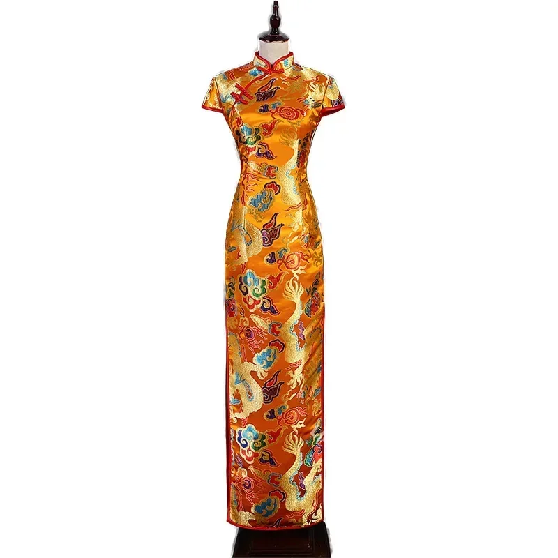 Chinese New Year Women Clothes Long Dress Cheongsams Qipao Wedding Dress Pluss Size Silk satin Dragon Phoenix
