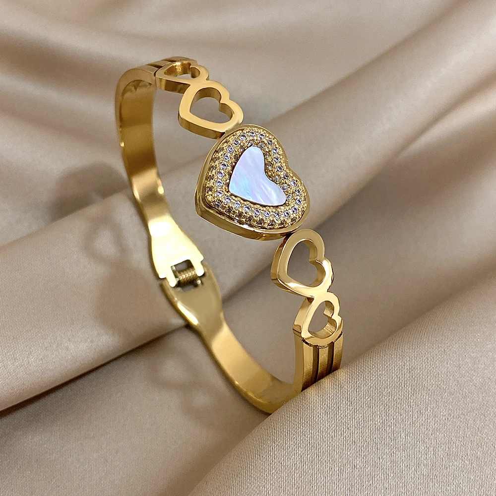 Luxury Rhinestones Heart Bangle Stainless Steel Cuff Stackable Bangle Bracelets with White Shell Valentine's Day Jewelry Gifts 4