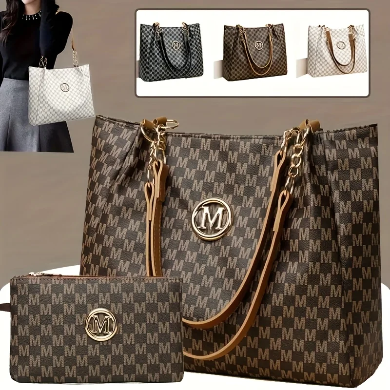 2pcs Women's Vintage Shoulder Bag Set Large Capacity Tote Bag with Fixed Shoulder Strap Leather Handbag Commuting