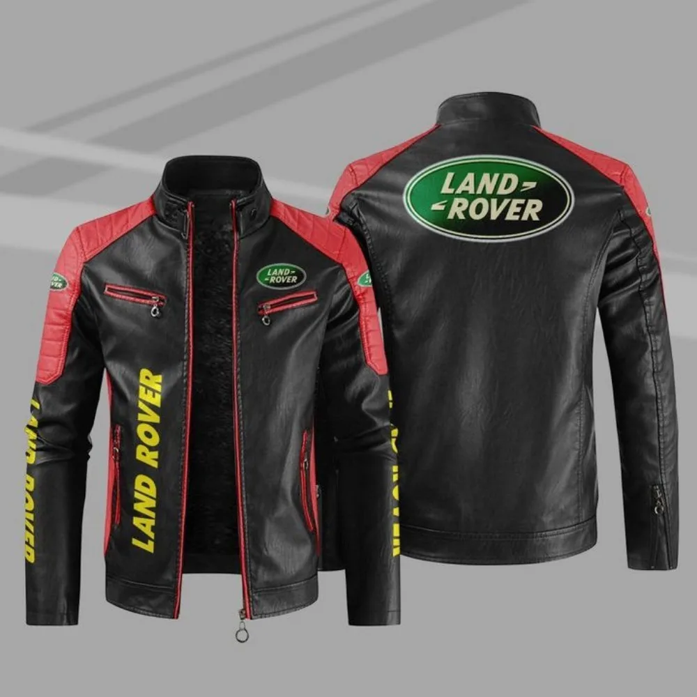 Land Rover motorcycle warm plus velvet pu leather jacket contrast color fashion men's PU windproof leather jacket 3