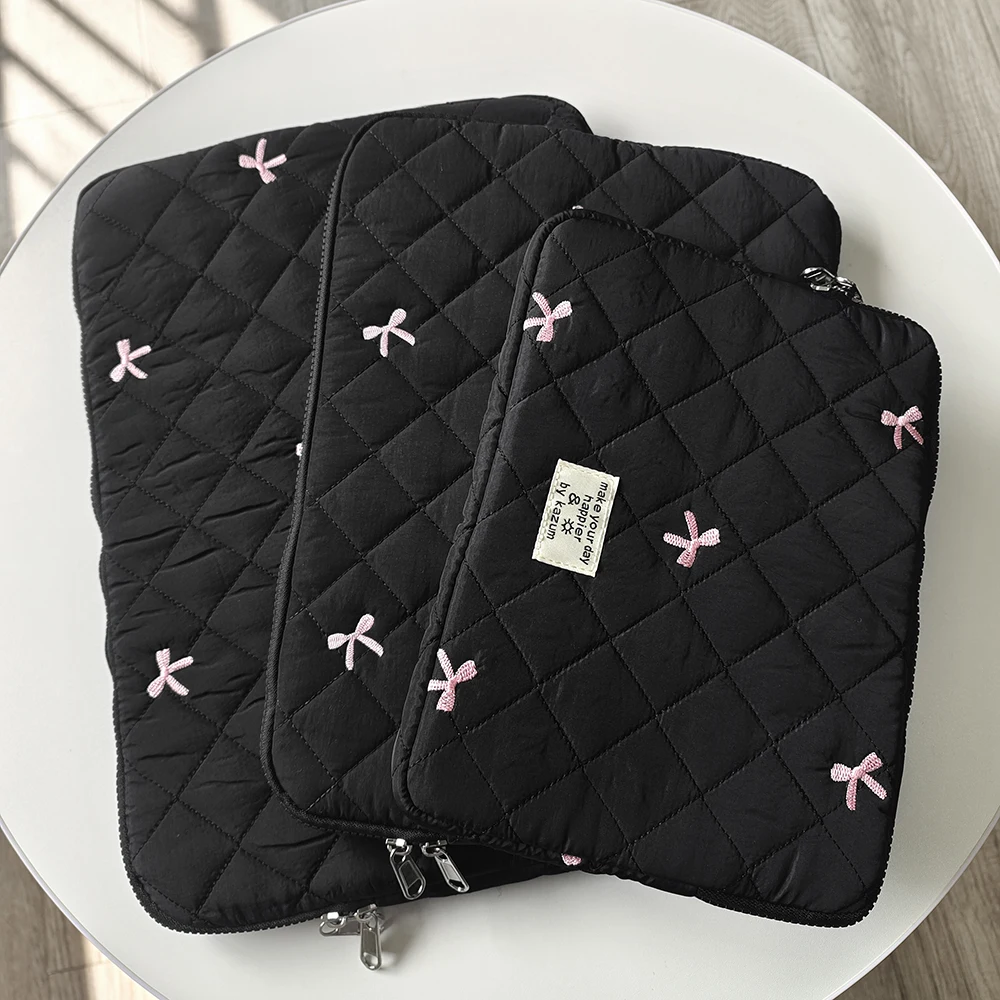 Elegant Bow Embroidery Laptop and Tablet Sleeve Case - Soft Protective Cover for 13 to 16 Inch Devices