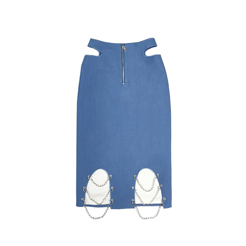 Original Y2k Blue Long Pencil Skirt Women Hollow Out Metal Chain Sexy Sheath Skirt Punk Gothic Empire Subculture Pencil Skirts
