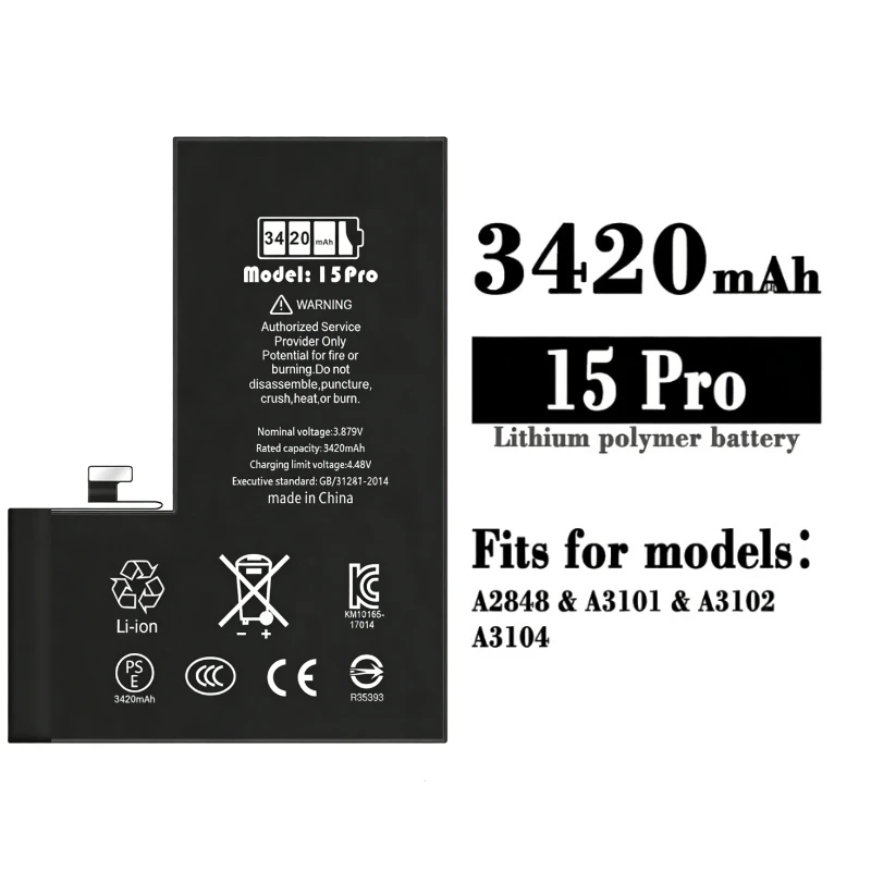For 15 Pro 3420mAh A3104 A2848 A3101 A3102 High-Capacity Replacement Mobile Pho