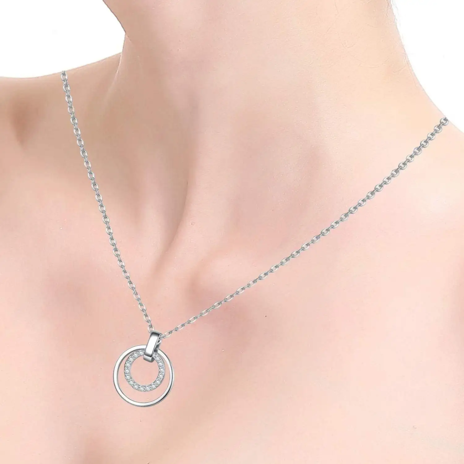 925 Sterling Silver Double Eternity Hoop Necklace for Women Interlocking Circles Pendant Mom Necklace with Gift Box