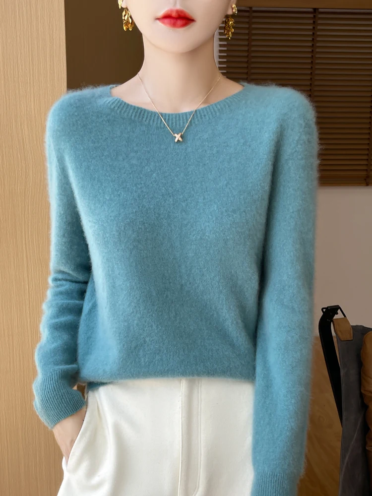 Autumn Winter Women Clothing O-Neck Pullover 100% Merino Wool Sweater New Fashion Cashmere Tops Bottoming Long Sleeve Knitwear 3