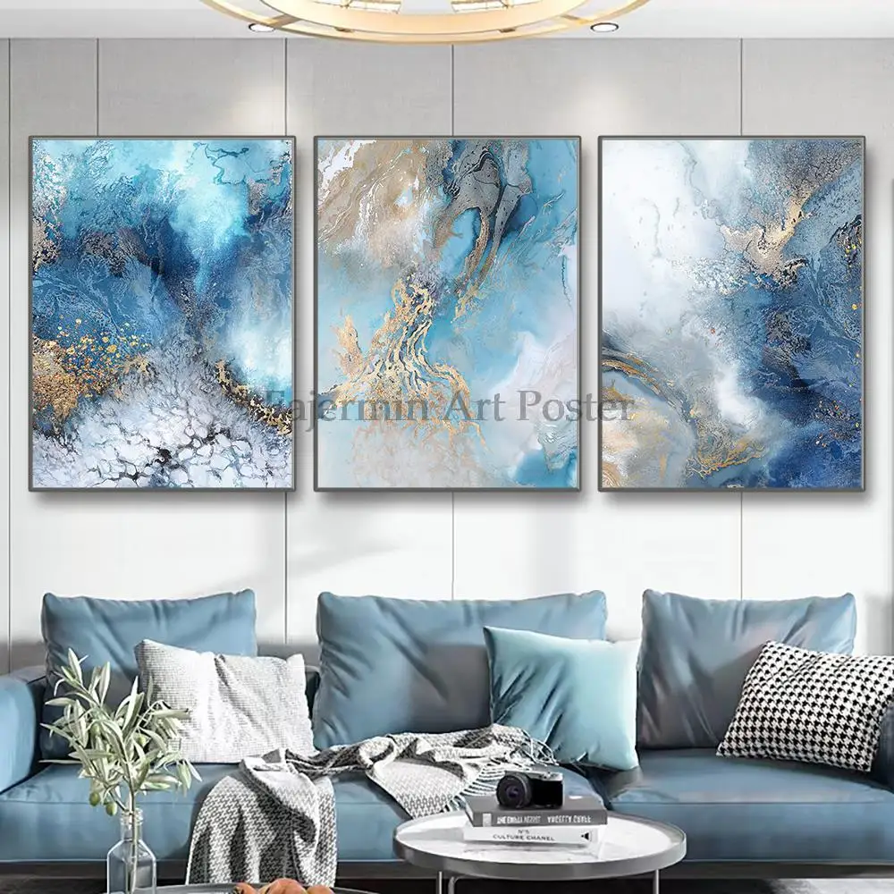 

Sea ​​Blue Gold Abstract Canvas Paintings Prints Nordic Minimalist Artwork Poster Pictures Room Decor Cuadros Para Salon Hogar