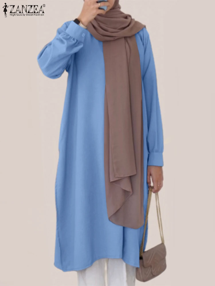 

ZANZEA Women Autumn Tops Muslim Abaya Causal O Neck Long Sleeve Shirt Fashion Solid Long Blouse Turkey Dubai Hijab Blusas IsIam
