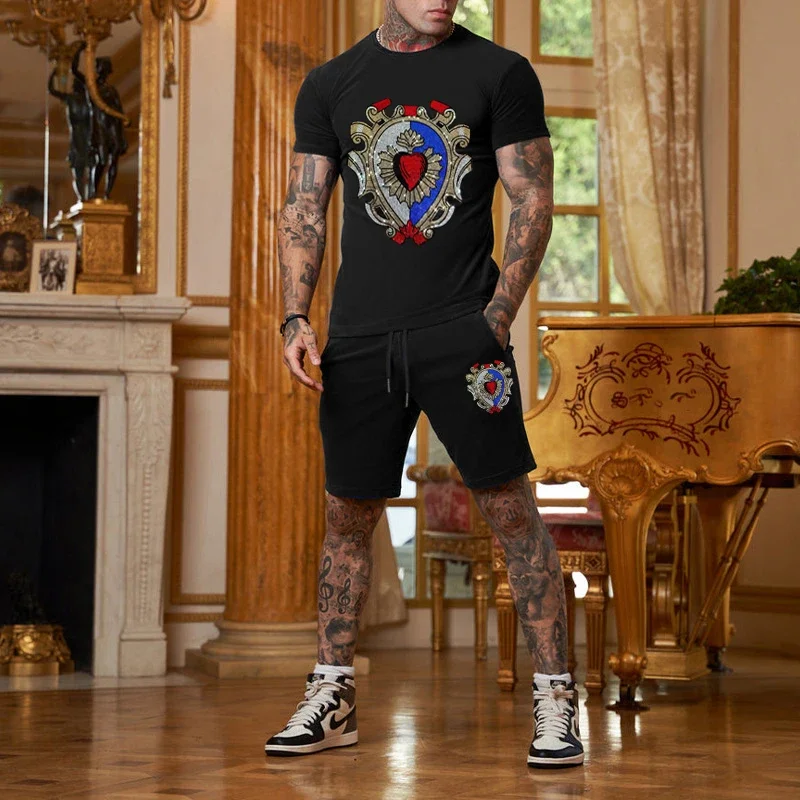 

Luxury Skull Pattern 2 Pieces Casual Suit Streetwear Outfit Fashion 2024 Summer Men's Tracksuit Short Sleeve Set