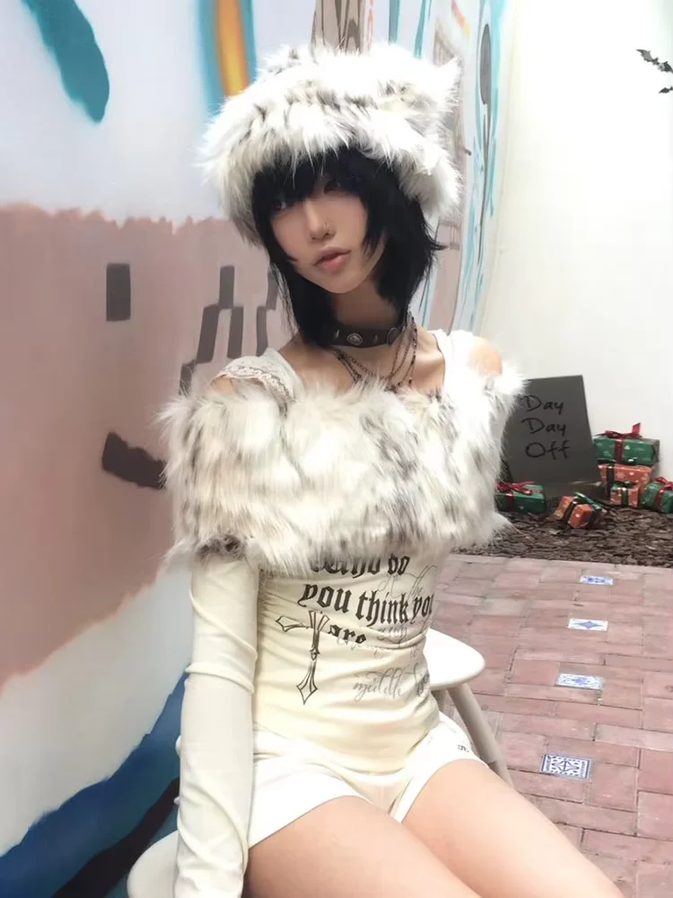 Karrram Japanese Y2k Fur Collar Tops 2000s Aesthetics Off Shoulder Knit Tops Vintage Harajuku Letter Print Long Sleeve T-shirt 6