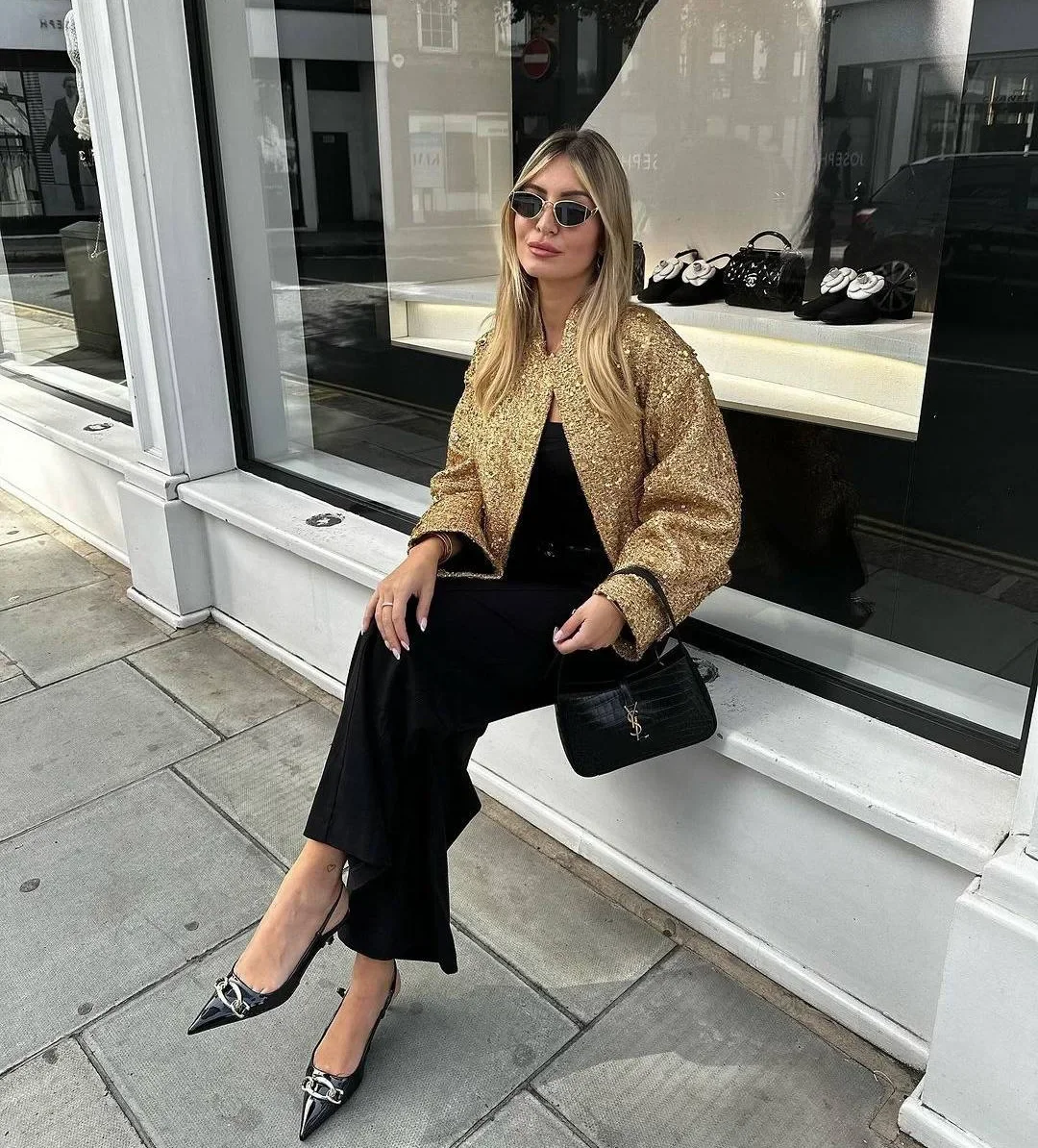 S52d6923f41094106a2fccbb2a883c88dX Women's Sequined Bomber Jacket Fall New Round Neck Long Sleeve Pocket Stretch Hem Sequins Jacket Coat Female Chic Outerwear Mallzona