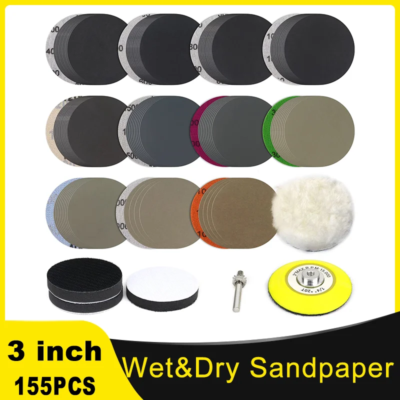 155 PCS Sanding Discs 3 Inch Silicon Carbide 400-10000 Grits Wet & Dry Hook and Loop Sandpaper for Drill Grinder Rotary Tools 5pcs 7 inch 180mm waterproof sanding discs hook loop silicon carbide sandpaper 60 10000 grit for wet dry polishi