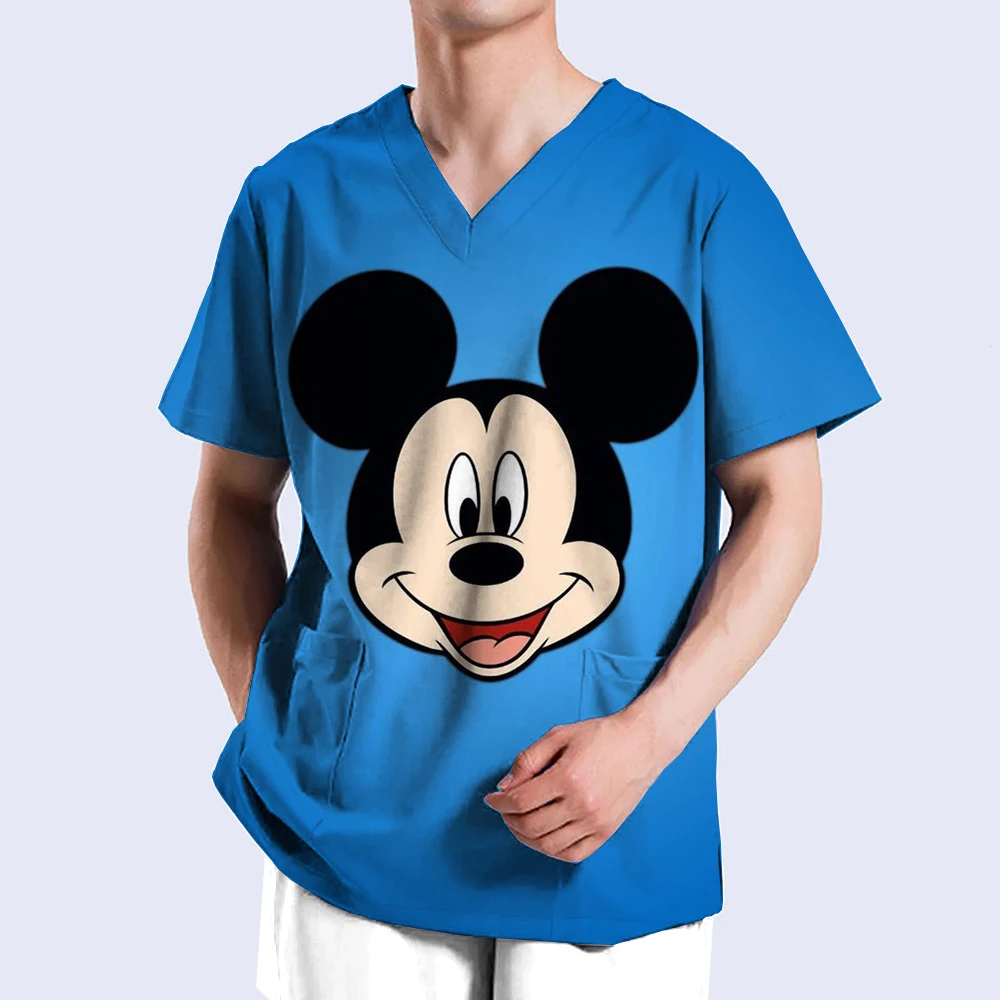 thumbnail image 1 of Camiseta de enfermería con estampado de Minnie y Mickey de Disney para hombre, tops casuales, manga corta, bolsillo con cuello en V, uniforme para mujer neutral, 1 of 5