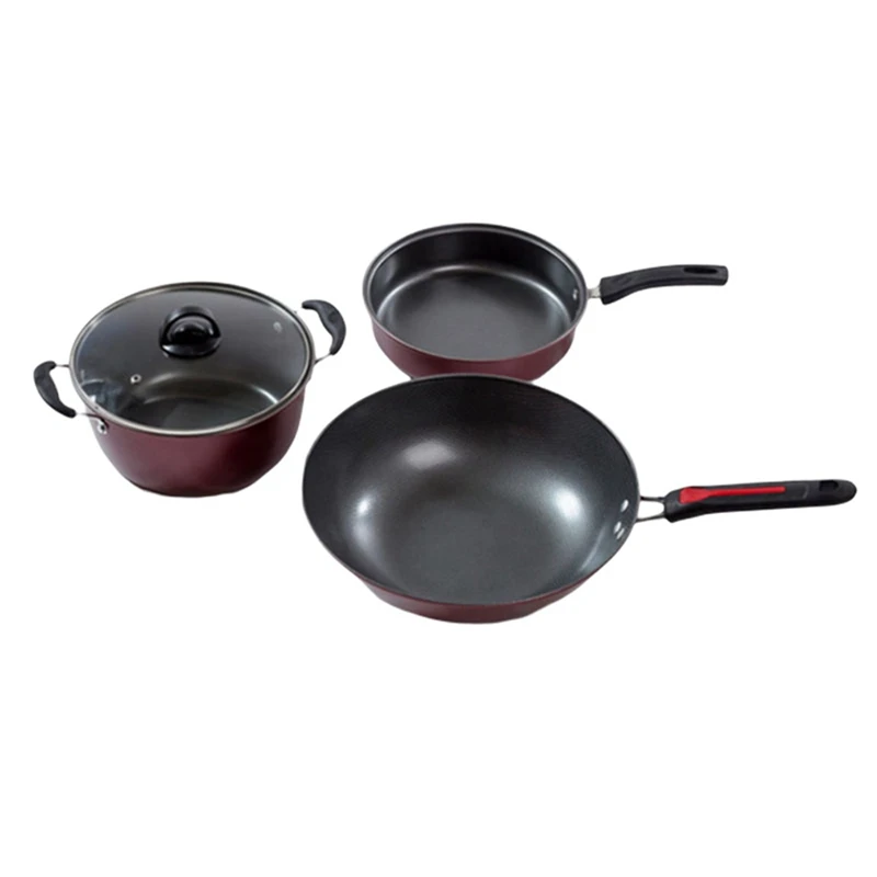 

3PCS 30Cm 24Cm 24Cm Non Stick Stir Fry Pan Set Cookware Frying Pan Soup Wok With Lids Insulated Handle